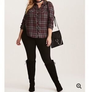 TORRID PLAID LACE INSET CAMP SHIRT  Black grey red